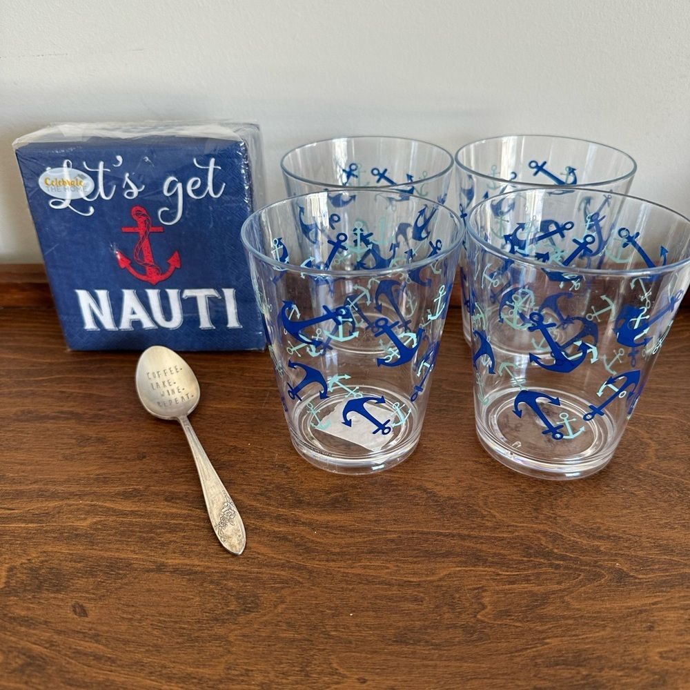 Set of Nautical Anchor Barware - Drinking Cups Napkins Spoon Whimsical Coastal